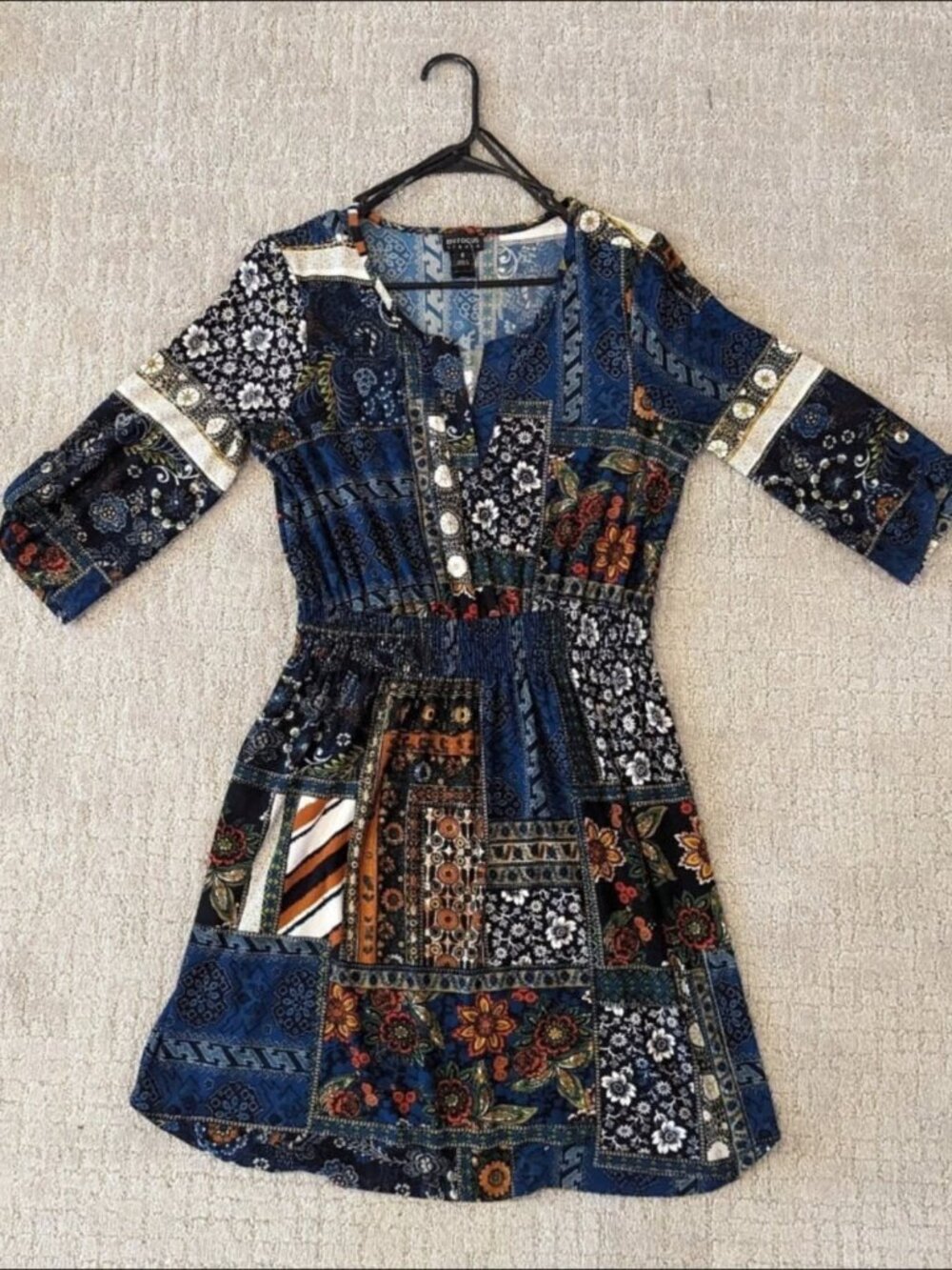 Abstract Floral 3/4 Sleeve Stretchy Midi Dress Blue Orange Rust Women's 8